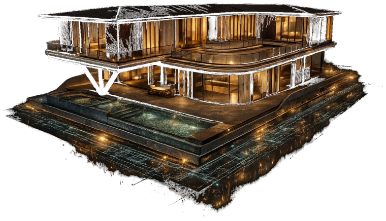 3D villa on illuminated blueprint