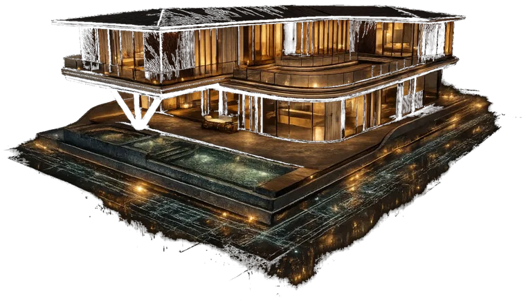 3D villa on illuminated blueprint